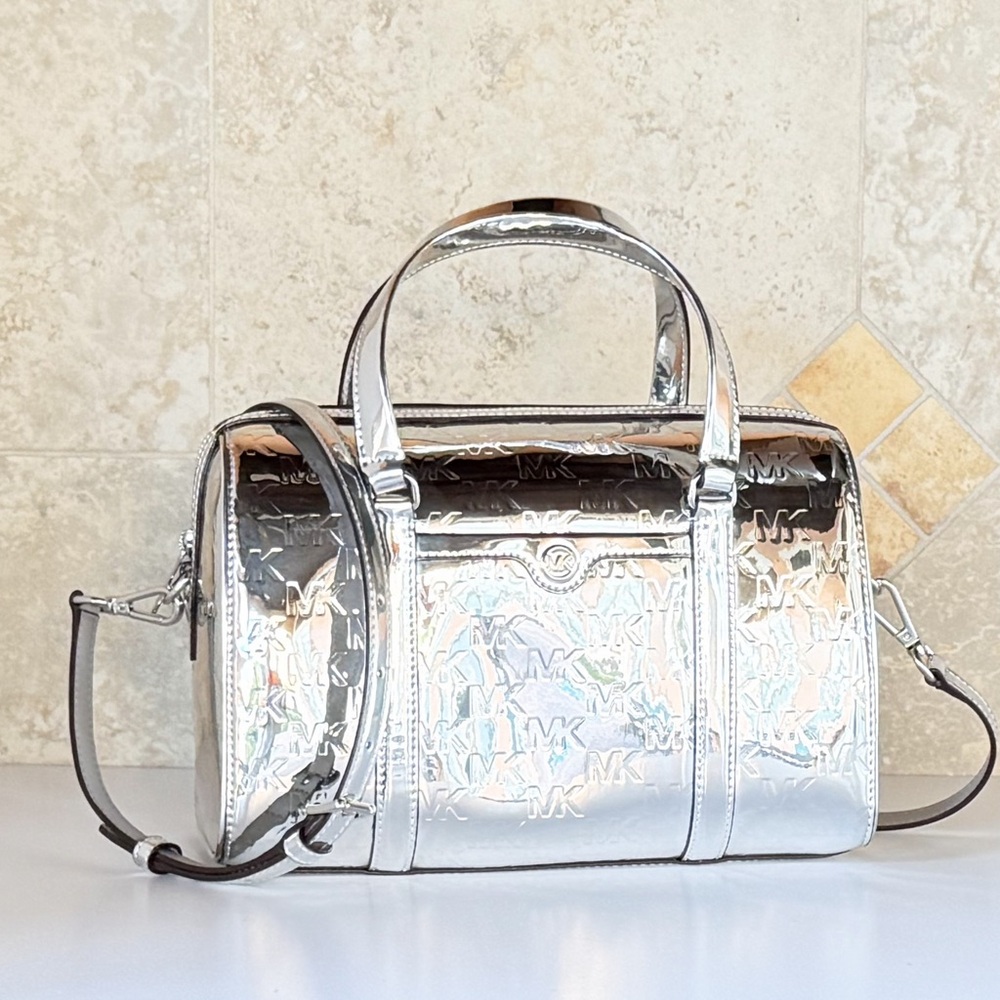 Michael Kors Travel MD Mirror Metallic Shoulder Duffle Bag MK Silver - Picture 5 of 13